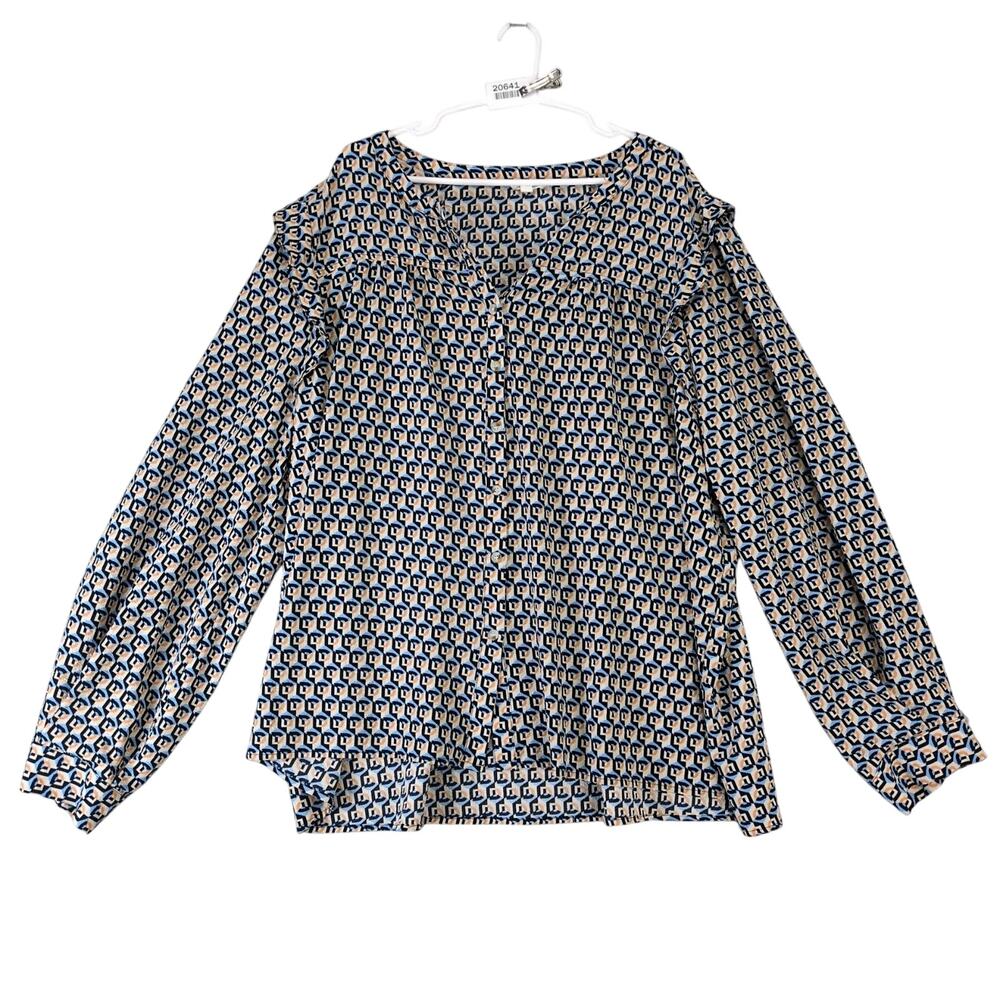 Cotton Bleu‎ Geometric Tunic Top Women's Plus Sz 3X Ruffle Trim Long Puff Sleeve